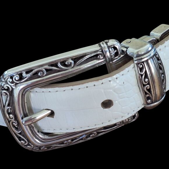Brighton Statement Belt 32 REVERSIBLE White Tan Croc Silver B2701 Women ML VTG - Picture 10 of 16